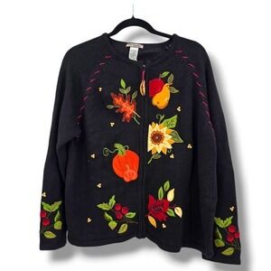 Tiara International Black Fall Theme Embellished Knit Cardigan -‎ Large